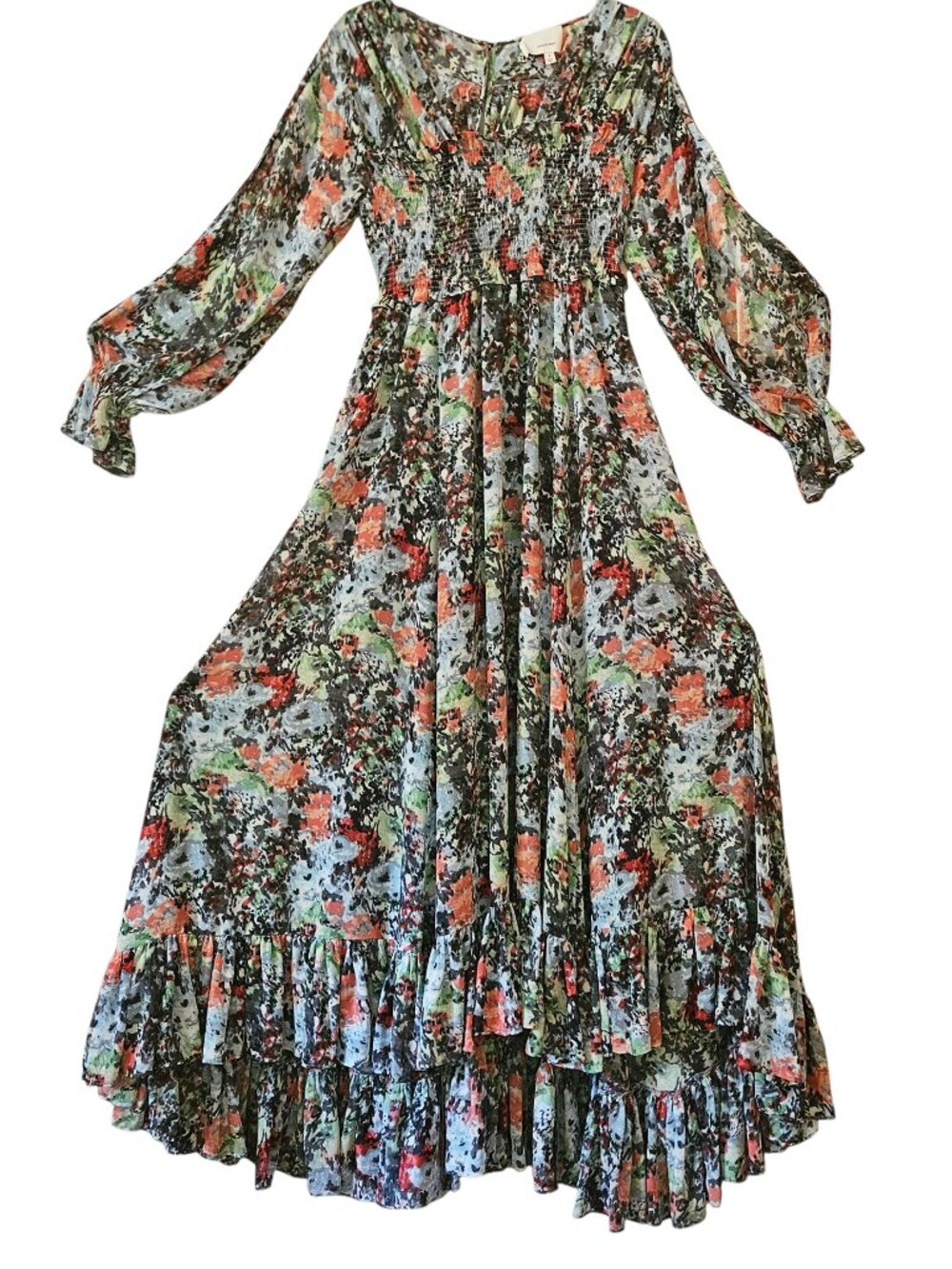Cinq a Sept Floral Smocked Leigh Midi Chiffon Dress  Size 2